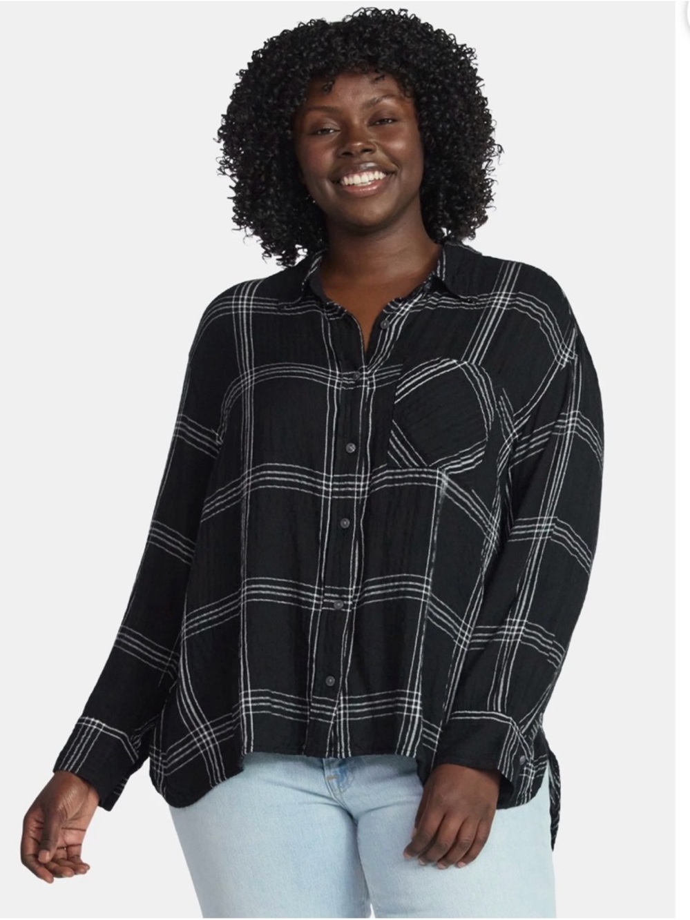 Terra & Sky Black Soot Textured Plaid Button Down Curved Shirttail Blouse